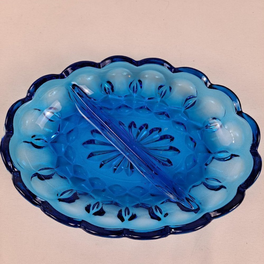 Oval Shaped Blue Glass Divided Trinket Dish Scalloped Edges Vintage